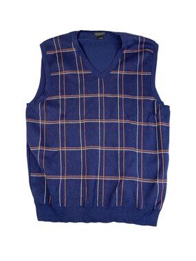 Harold Powell Mens L Blue Plaid Sweater Vest V Neck 100% Cotton Preppy Golf